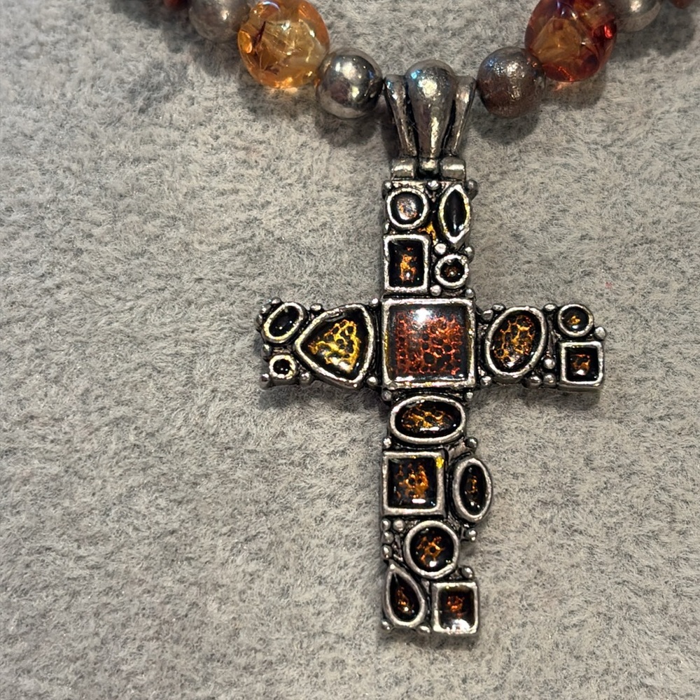 Vintage Cross Sandstone Brown Beaded Cross Necklace